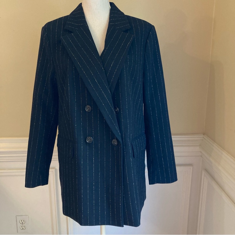 H&M Black Beige Pinstripe Viscose Blend Double Breasted Blazer Jacket NWT
